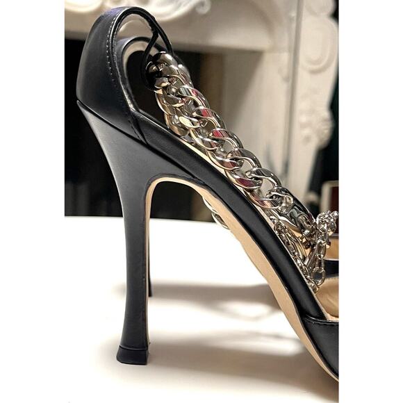 Manolo Blahnik Black Leather Silver Dagger Lock Chain D'Orsay Pumps Heels Italy - Picture 5 of 15